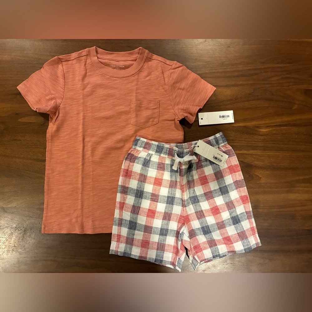 NWT- Janie and Jack Coral Pocket Tee with Plaid Shorts Set
